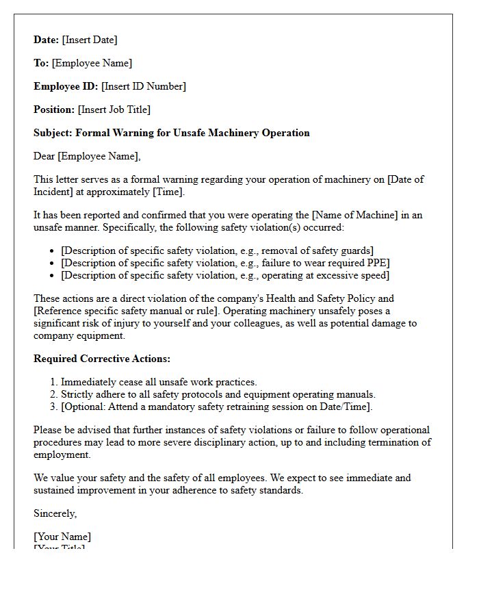 Warning Letter for Unsafe Machinery Operation