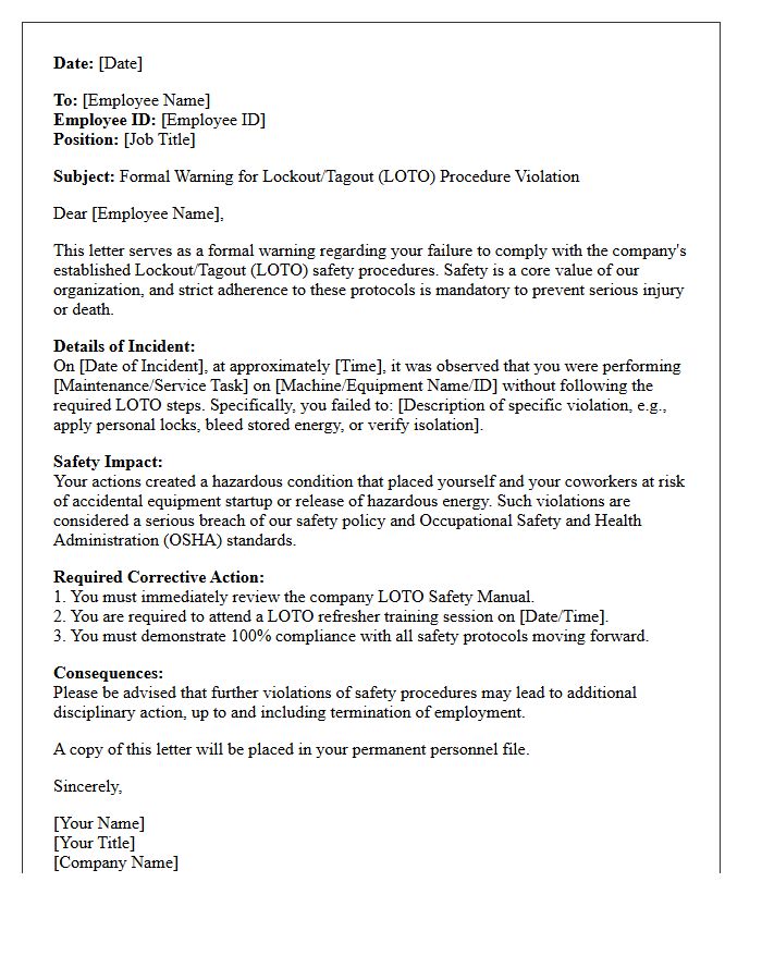 Warning Letter for Lockout Tagout Procedure Violation