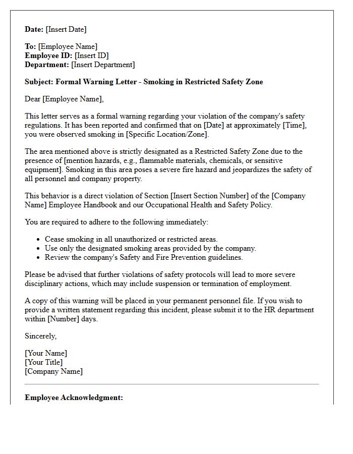 Warning Letter for Smoking in Restricted Safety Zones