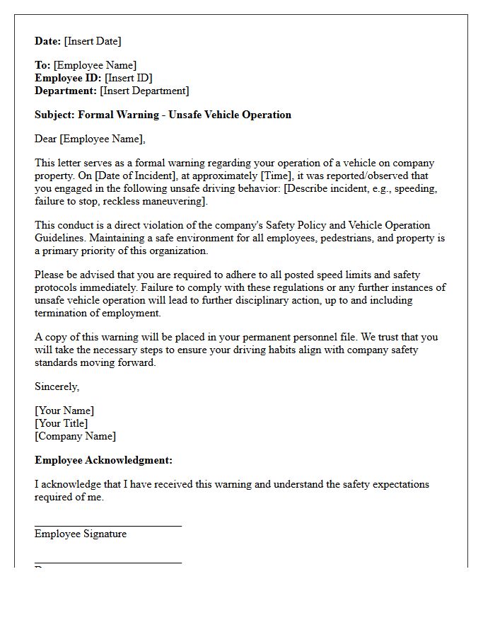 Warning Letter for Unsafe Vehicle Operation on Company Property