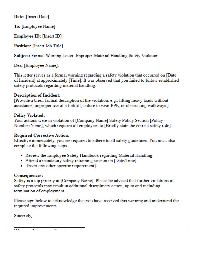 Warning Letter for Improper Material Handling Safety Violation