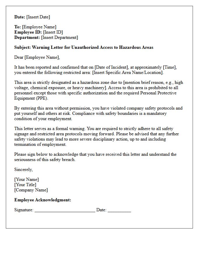 Warning Letter for Unauthorized Access to Hazardous Areas