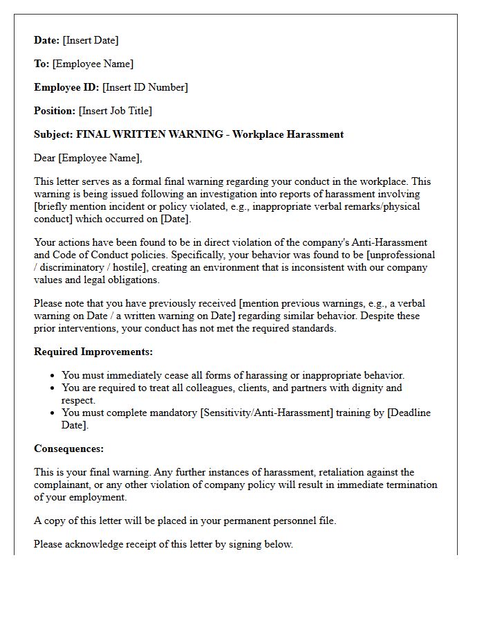 Final Warning Letter for Workplace Harassment