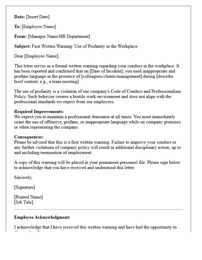 First Written Warning Letter for Profanity in the Workplace