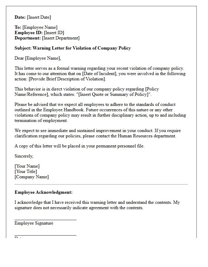 Warning Letter for Violation of Company Policy