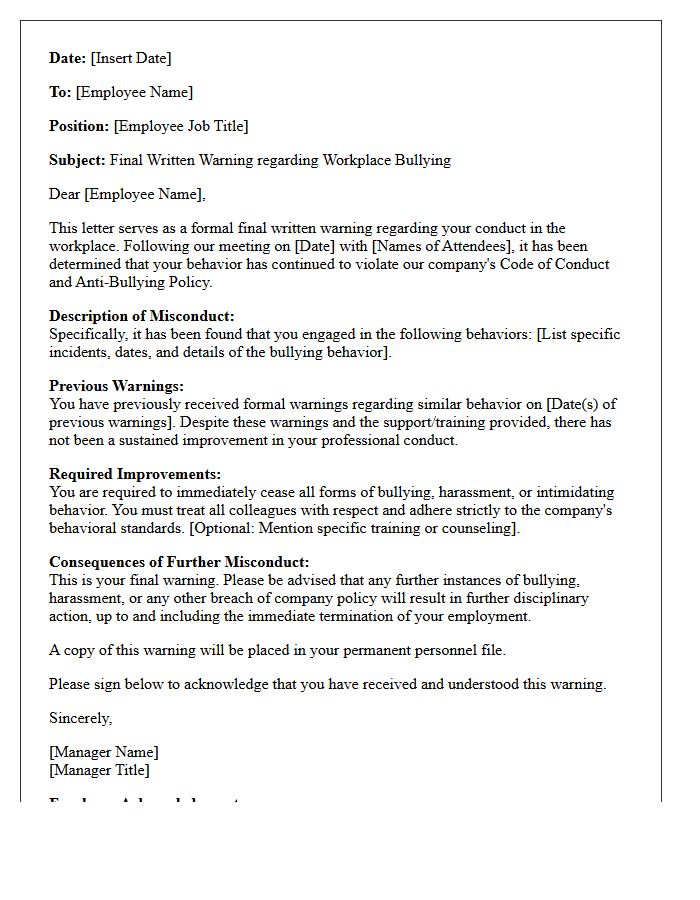 Final Written Warning Letter for Bullying Colleagues