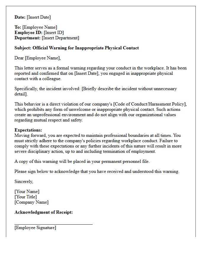 Official Warning Letter for Inappropriate Physical Contact