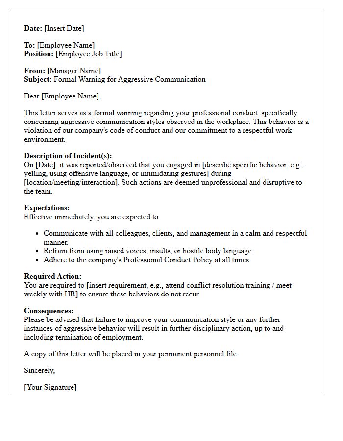 Formal Warning Letter for Aggressive Communication