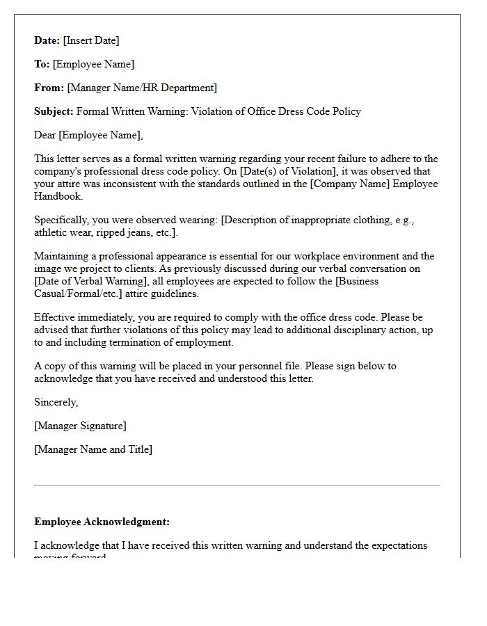 Written Warning Letter for Inappropriate Office Attire