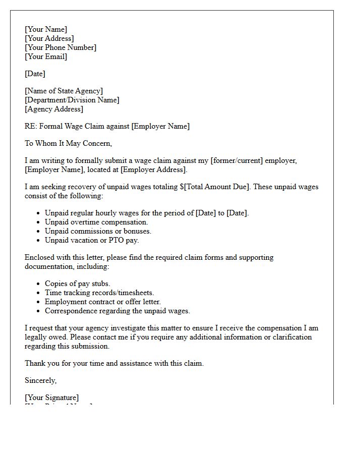 State Agency Wage Claim Submission Cover Letter