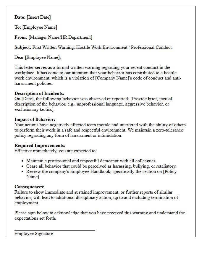 First Warning Letter for Creating a Hostile Work Environment