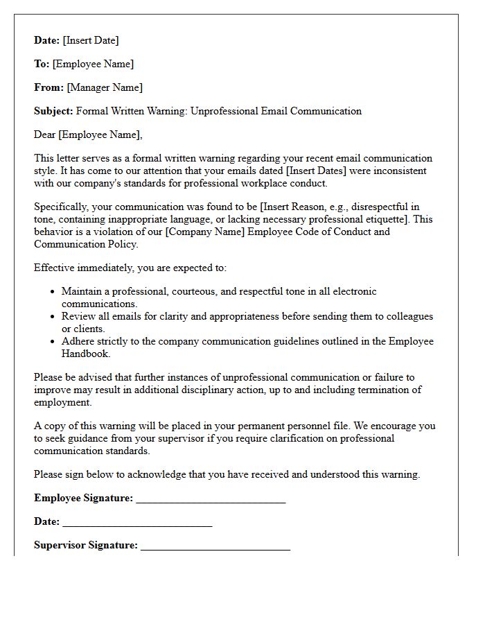 Written Warning Letter for Unprofessional Email Communication