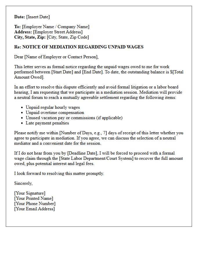 Notice of Mediation for Unpaid Wages Letter