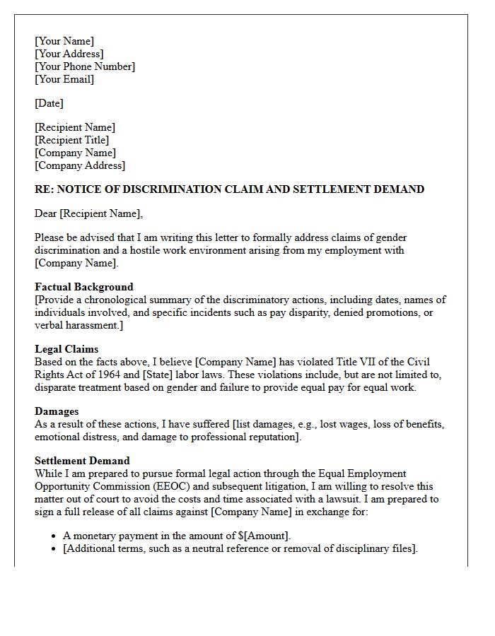 Gender Discrimination Settlement Demand Letter