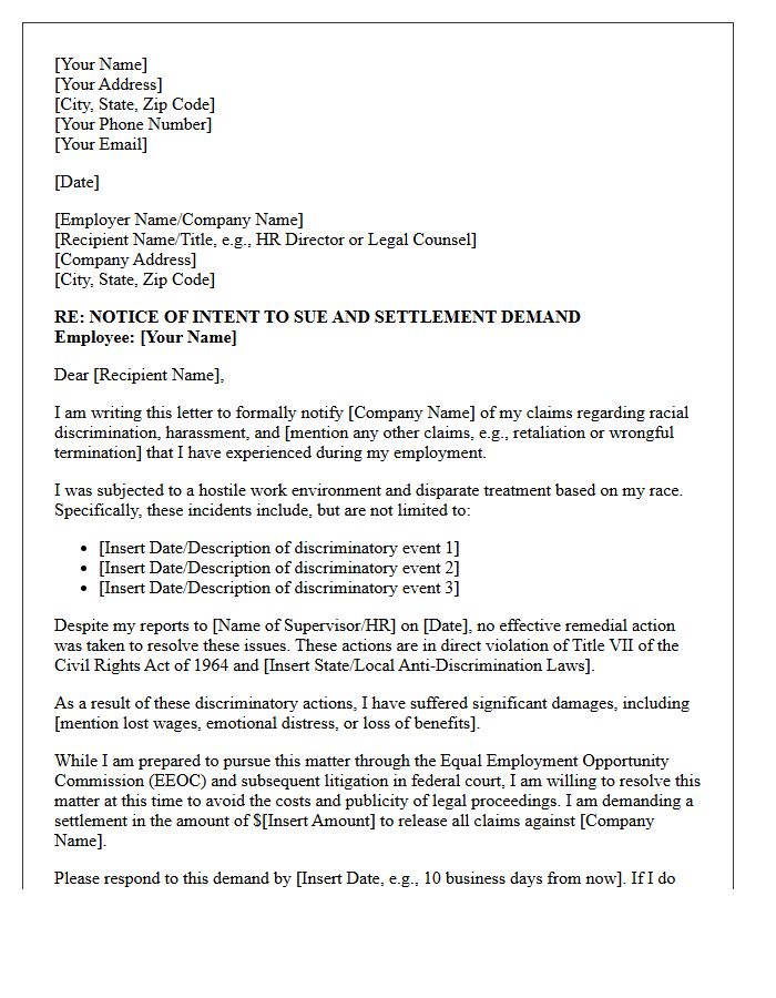 Racial Discrimination Settlement Demand Letter