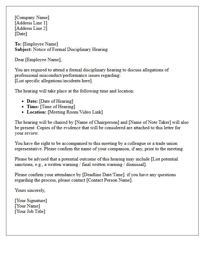Notice of Formal Disciplinary Hearing Letter
