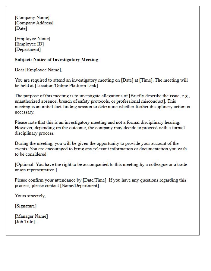 Investigatory Disciplinary Meeting Notice Letter