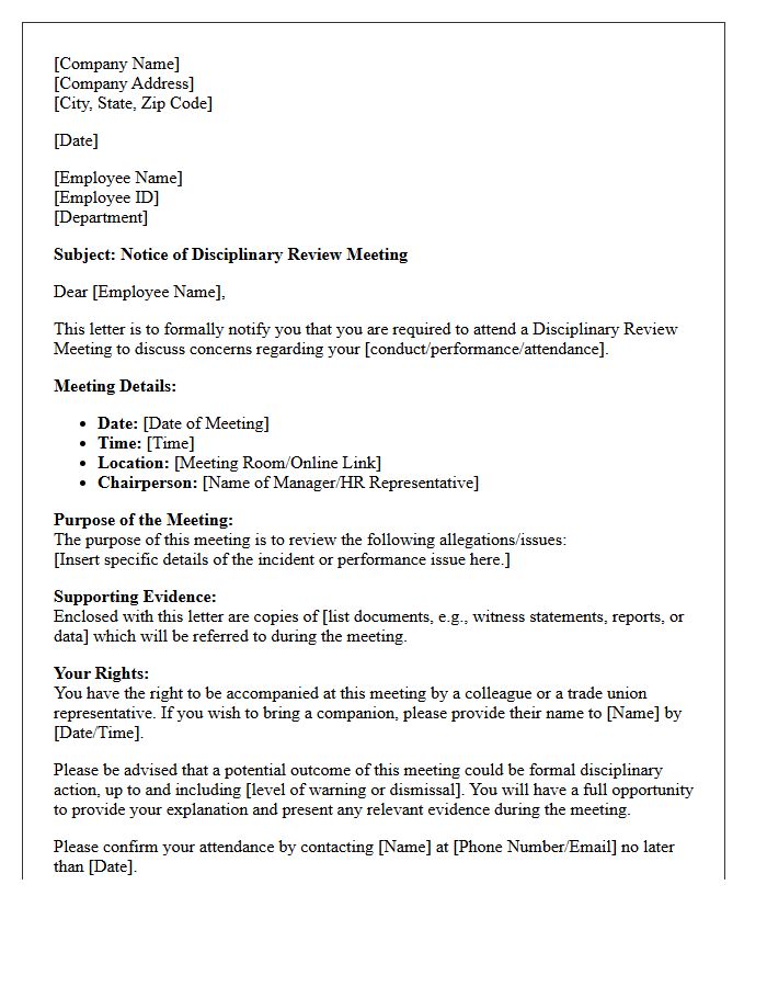 Notice of Disciplinary Review Meeting Letter