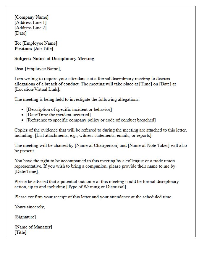 Breach of Conduct Disciplinary Meeting Letter