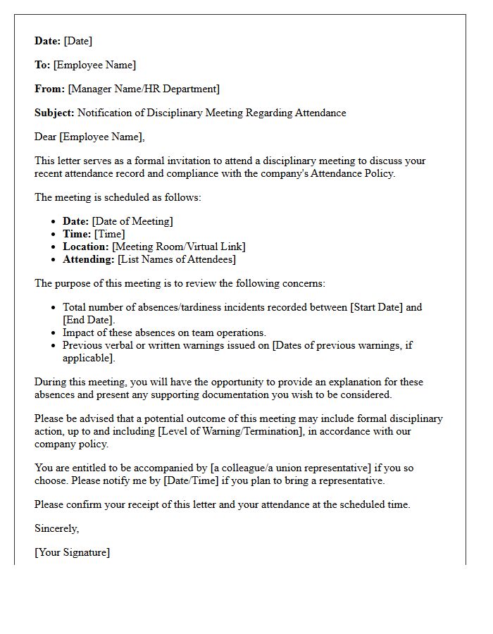Attendance Policy Disciplinary Meeting Letter
