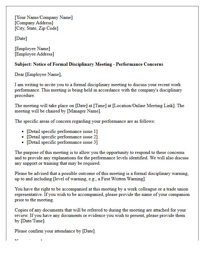 Performance Related Disciplinary Meeting Letter