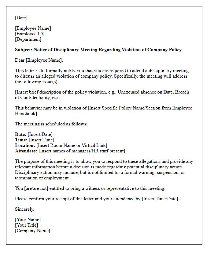 Violation of Company Policy Disciplinary Meeting Letter