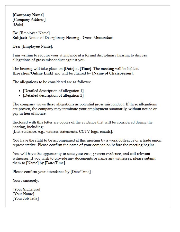 Gross Misconduct Disciplinary Meeting Letter