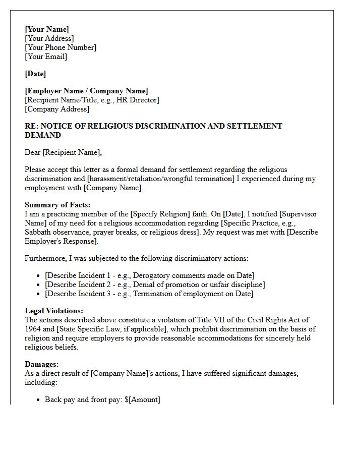 Religious Discrimination Settlement Demand Letter