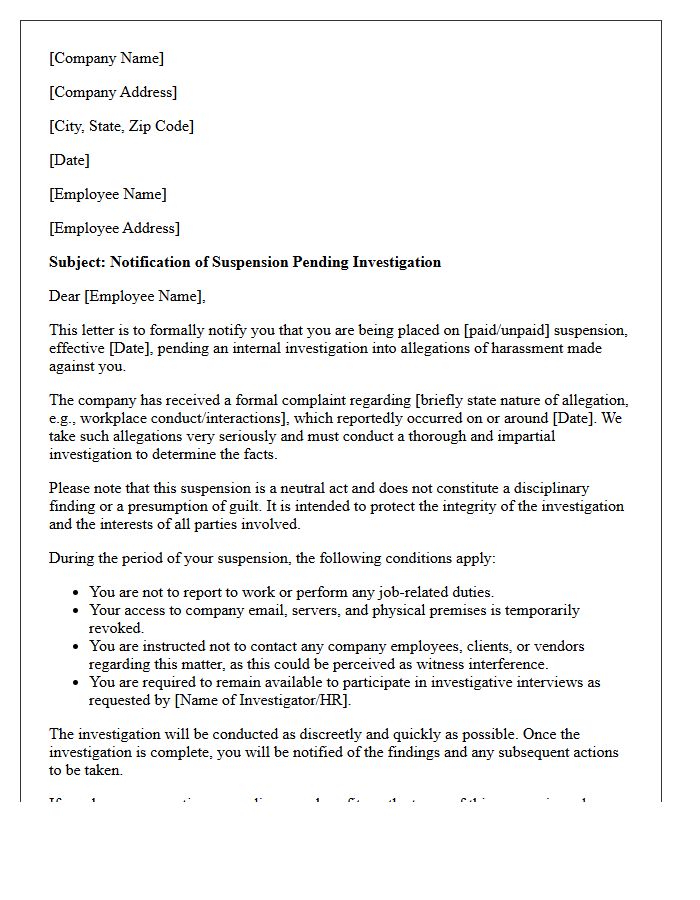 Suspension Pending Harassment Allegation Investigation Letter