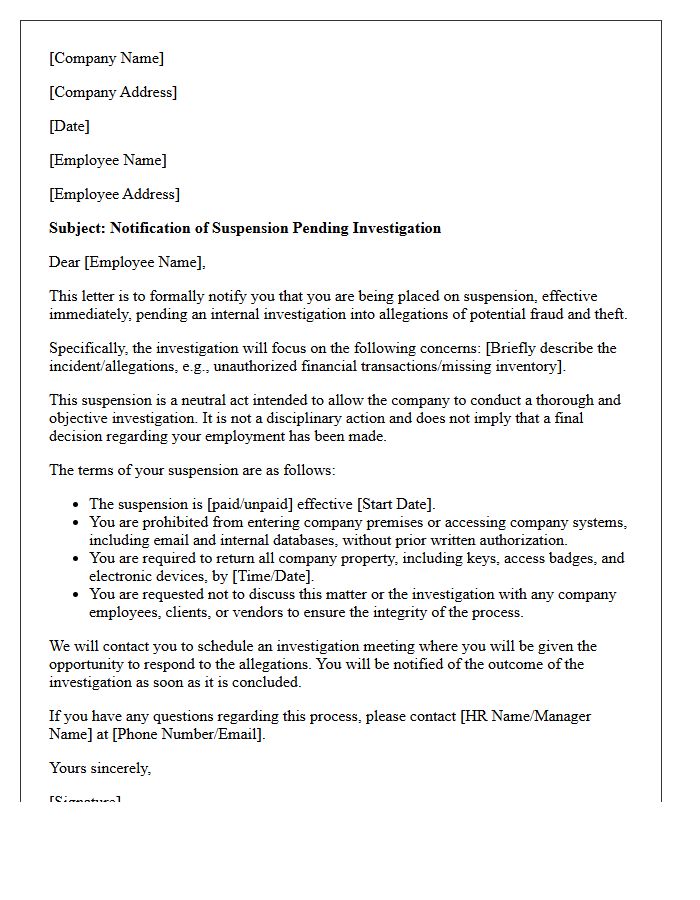 Suspension Pending Fraud and Theft Investigation Letter
