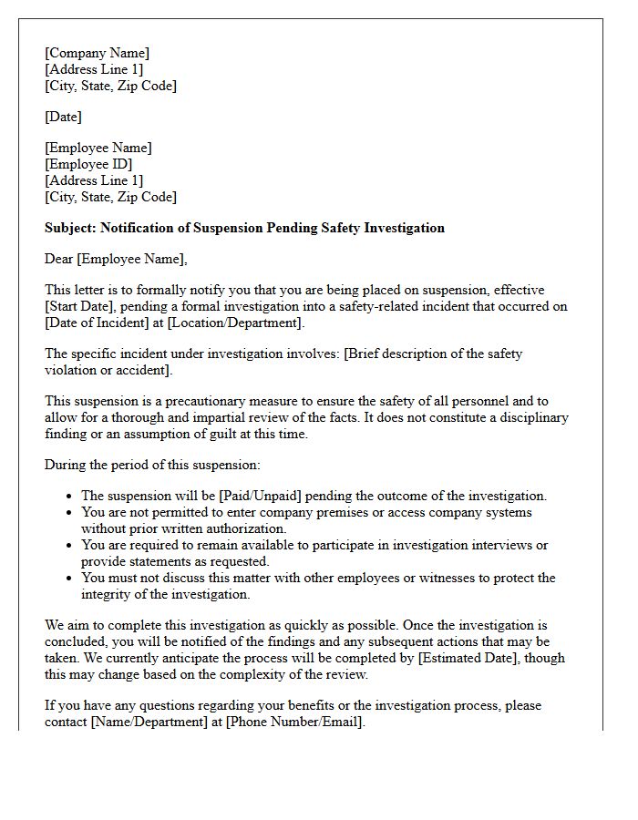Suspension Pending Safety Incident Investigation Letter