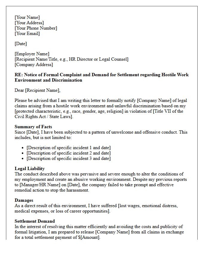 Hostile Work Environment Discrimination Settlement Demand Letter