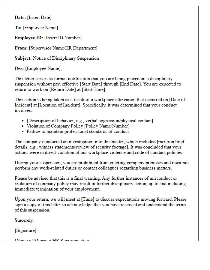 Workplace Altercation Disciplinary Suspension Letter