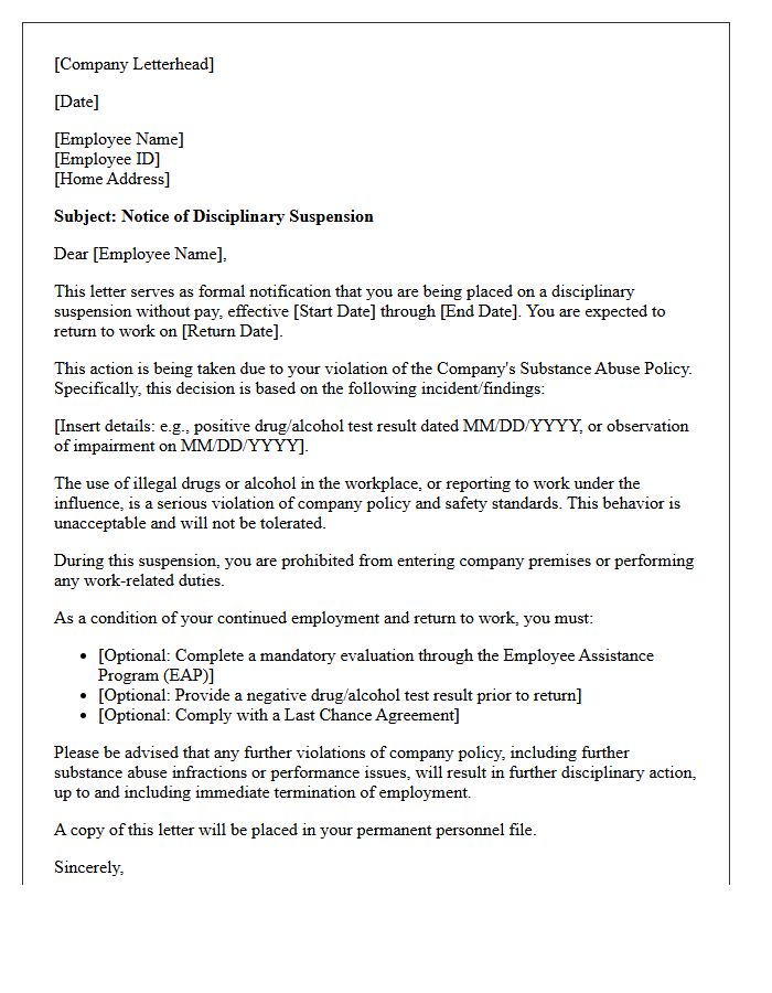Substance Abuse Disciplinary Suspension Letter