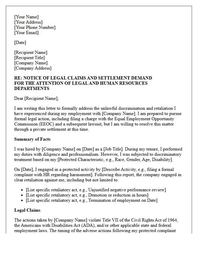 Workplace Retaliation Discrimination Settlement Demand Letter