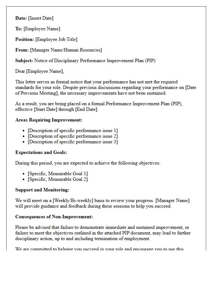 Letter of Notice for Disciplinary Performance Improvement Plan