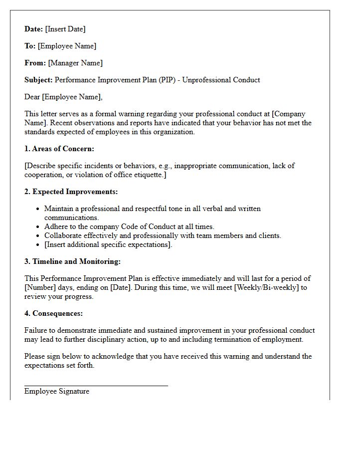 Unprofessional Conduct Performance Improvement Plan Warning Letter