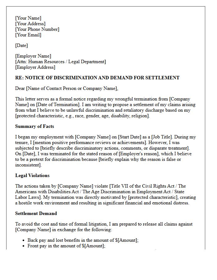 Wrongful Termination Discrimination Settlement Demand Letter