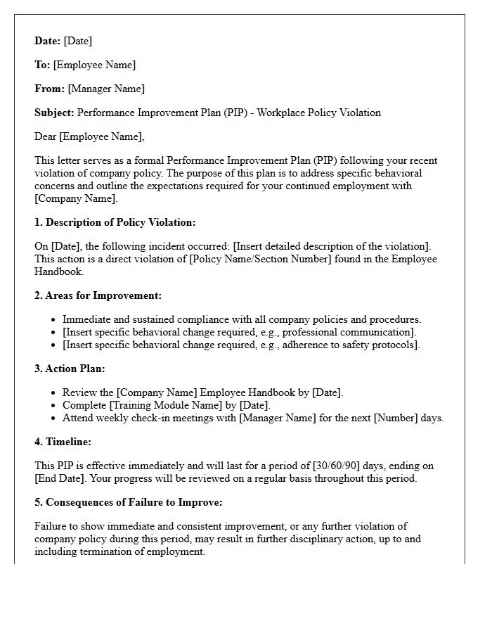 Workplace Policy Violation Performance Improvement Plan Letter