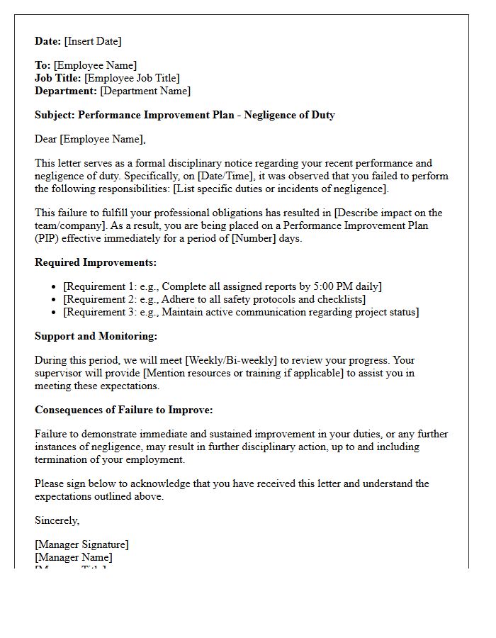 Letter of Disciplinary Performance Improvement for Negligence of Duty