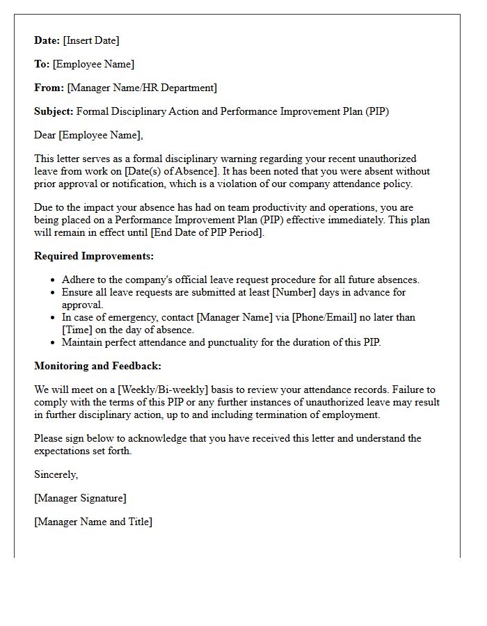 Unauthorized Leave Disciplinary Performance Improvement Plan Letter
