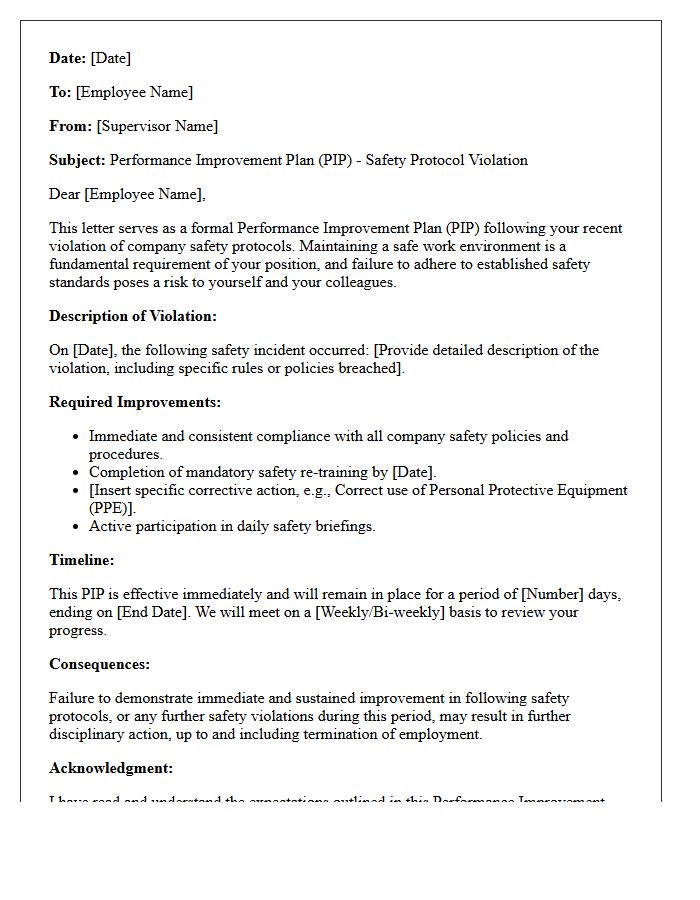 Safety Protocol Violation Disciplinary Performance Improvement Plan Letter