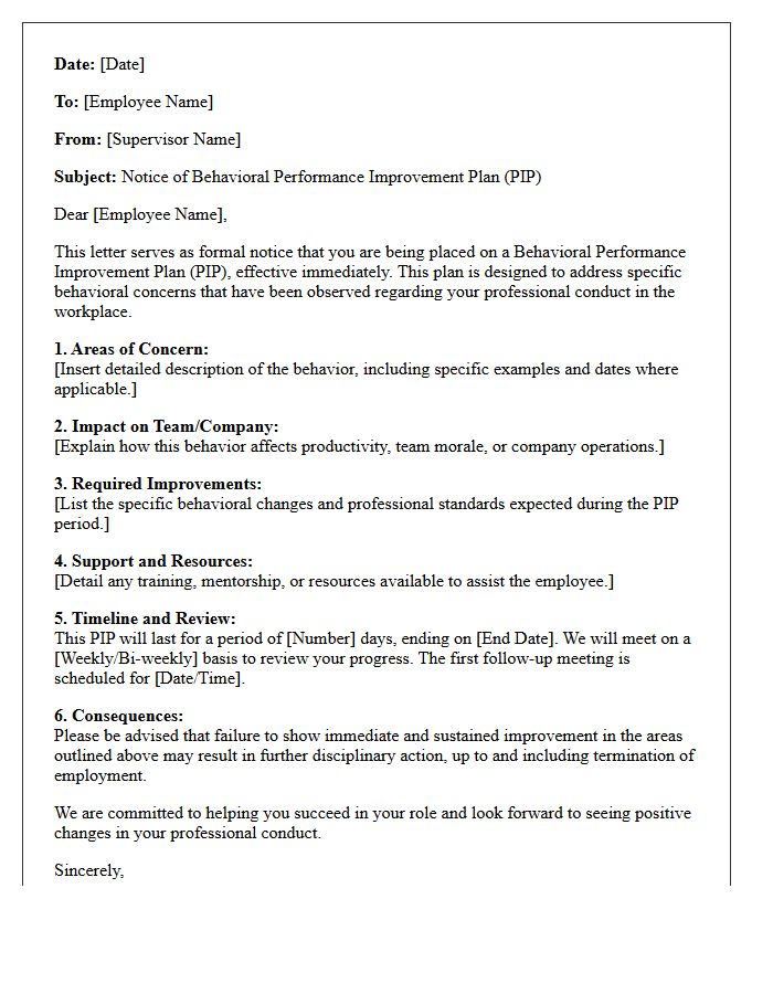 Letter of Notice for Behavioral Performance Improvement Plan