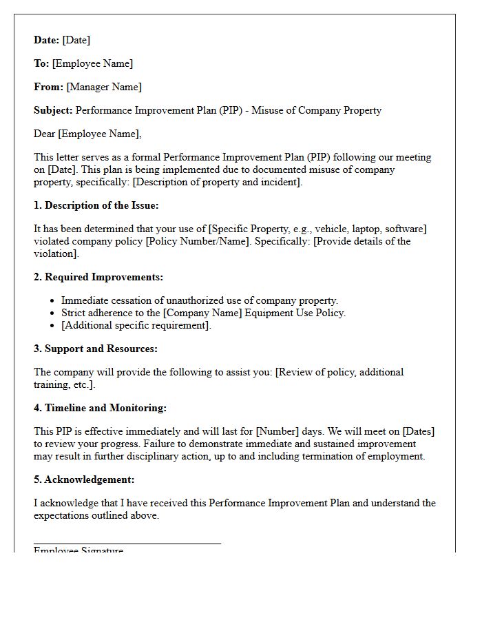Misuse of Company Property Disciplinary Performance Improvement Letter