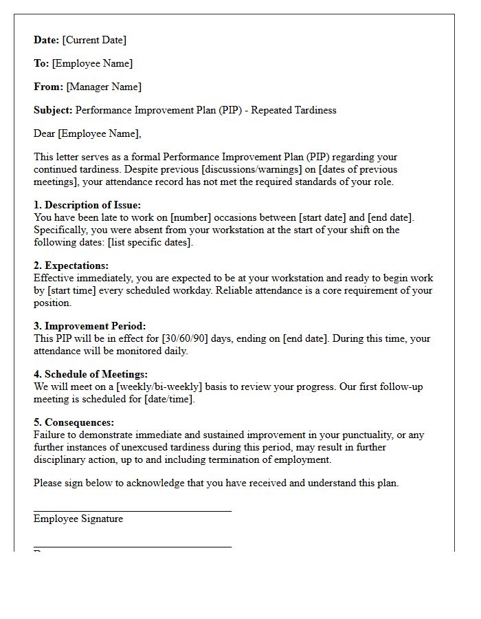 Repeated Tardiness Disciplinary Performance Improvement Plan Letter