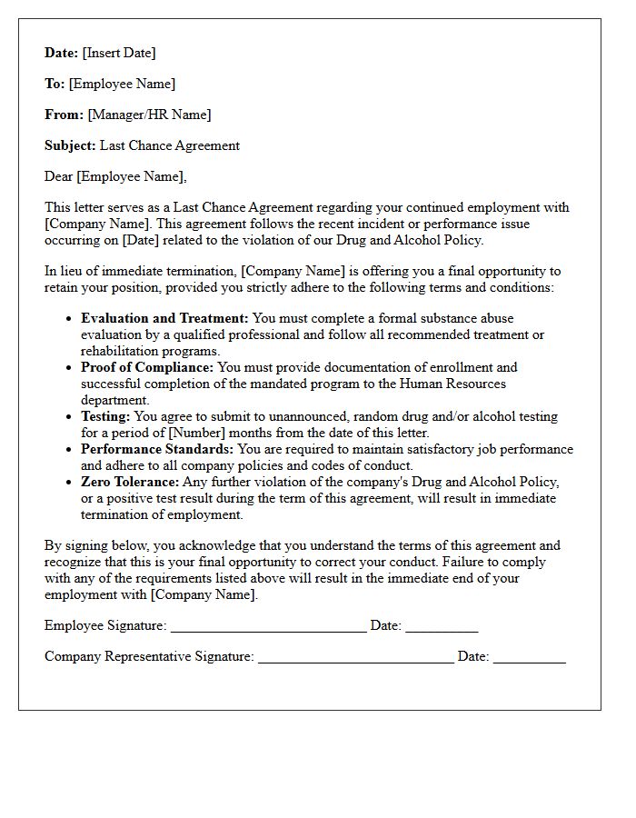 Substance Abuse Last Chance Agreement Letter