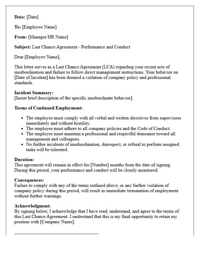 Workplace Insubordination Last Chance Agreement Letter