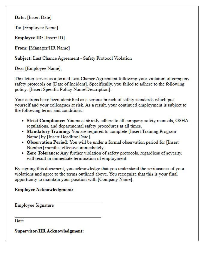 Safety Protocol Violation Last Chance Agreement Letter