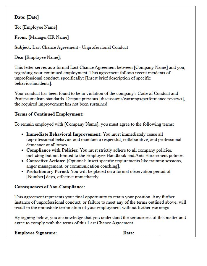 Unprofessional Conduct Last Chance Agreement Letter