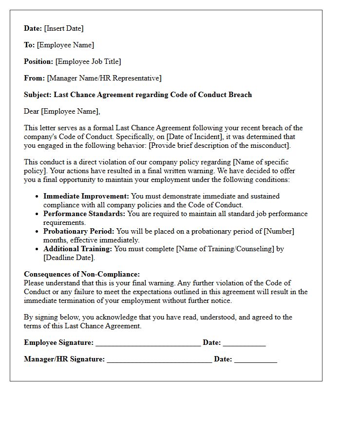 Code of Conduct Breach Last Chance Agreement Letter